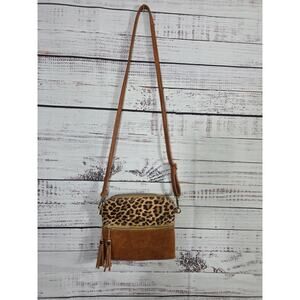 Jen & Co Leopard Print Crossbody Bag Brown Faux Leather Tassel Adjustable Strap